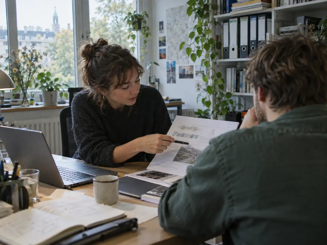 Beratungsgespräch mit Unterlagen am Schreibtisch