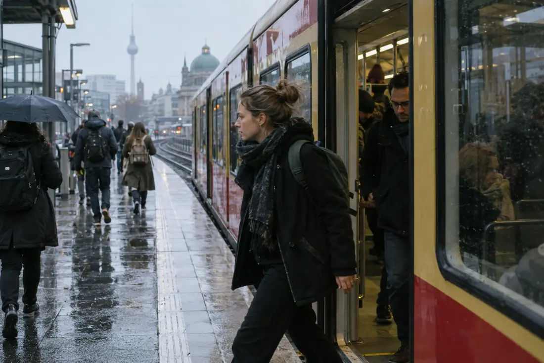 Pendlerin steigt aus der S-Bahn
