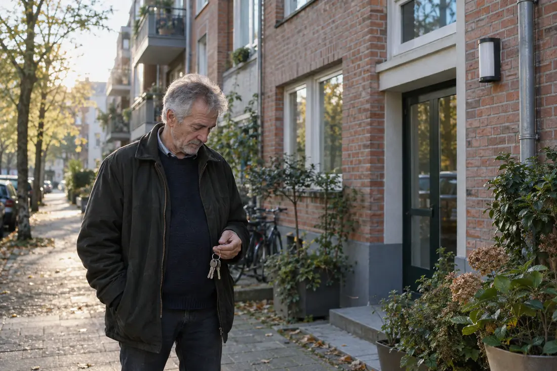 Vermieter mit Schlüsselbund vor einem Mehrfamilienhaus